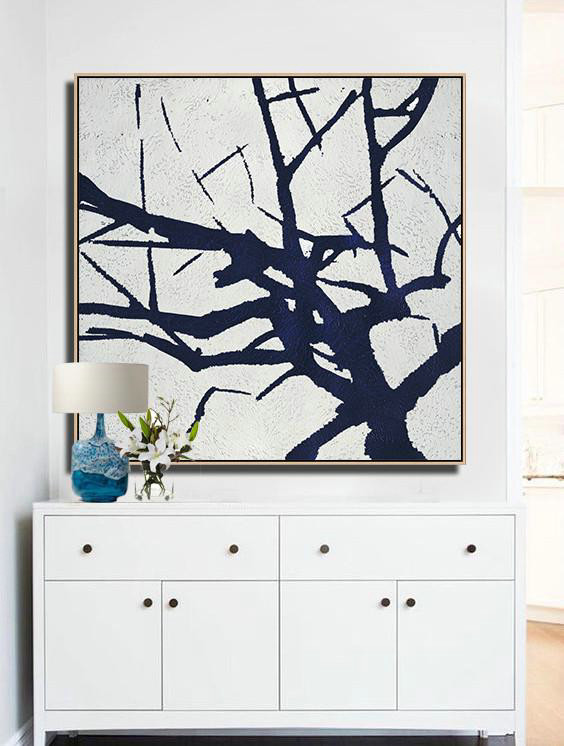 Acrylic Painting On Canvas,Minimalist Navy Blue And White Painting,Large Abstract Art Handmade Acrylic Painting